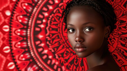 Sticker - Close-up portrait of a young African woman with braided hair against a red and black patterned background, looking directly at the camera.