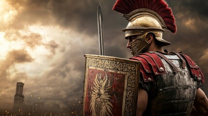 Roman Centurion: A lone Roman soldier, clad in gleaming armor and wielding a sword, stands defiant against a dramatic backdrop of a stormy sky.  His resolute stance evokes courage, strength.