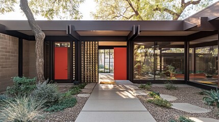 Poster - A modern home with a red door and a patio with gravel and plants.