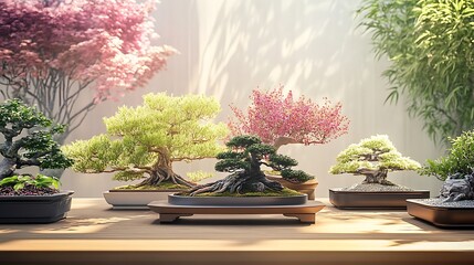 Wall Mural - Bonsai Trees on Wooden Table with Blurred Background