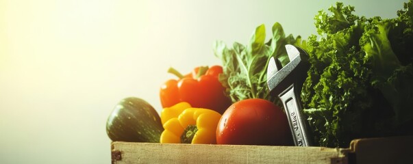 Fresh vegetables beside a toolbox close up, focus on, copy space natural colors, double exposure silhouette with a wrench