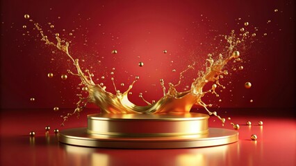 Poster - Golden podium with gold splash on red background, rendering, gold, podium, red, background,rendering, shiny, luxurious