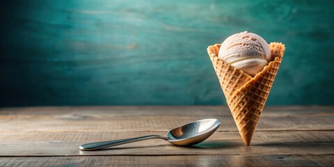 Wall Mural - Ice cream scoop on waffle cone on background, dessert, sweet treat, cold, summer, delicious, vanilla, chocolate, strawberry