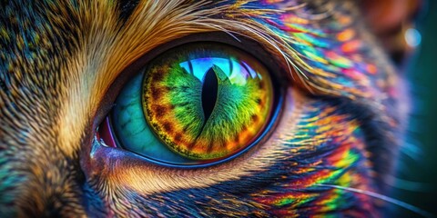 Close up of a mesmerizing cat eye with vibrant colors and intricate patterns, cat, eye, close up, feline, animal, pattern, vibrant