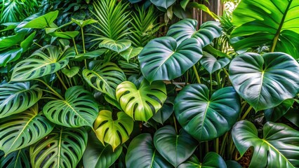 Poster - Lush and vibrant monstera and pothos plants in a live garden setting , plants, greenery, tropical, leaves, nature, garden