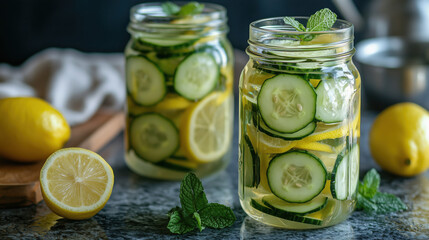 Wall Mural - Cucumber and lemon water, two jars of water infused with fresh slices of cucumber and lemon 