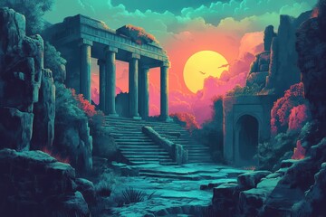 Ruins of an Ancient Temple at Sunset