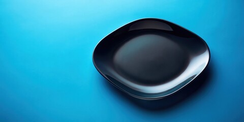 Empty black irregular plate floating on blue background, empty, black, plate, irregular, blue, above, floating, minimalist, design