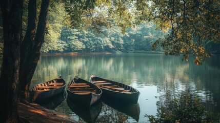 Wall Mural - Fishing boats anchored on a tranquil lake, embraced by dense forest trees, capturing the essence of peaceful outdoor life.