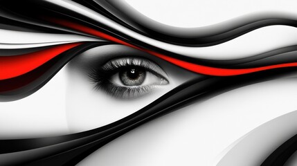 Sticker - A close-up of a woman's eye with long eyelashes, with black and red wavy lines surrounding it.