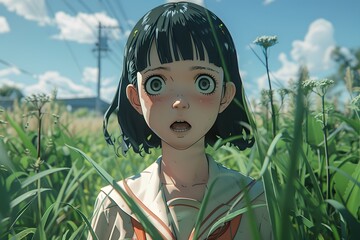 Anime Girl Hiding in Tall Grass.