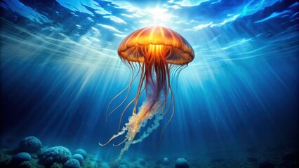 Sticker - Majestic jellyfish floating in the deep blue sea, jellyfish, ocean life, underwater, marine wildlife, tranquility