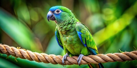 Poster - Green parrot with blue highlights perched on a branch with braided-like twig, parrot, bird, green, blue, wings, tail, perched