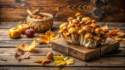 Sticker - Mushrooms of honey mushrooms arranged on a wooden oak board in an autumn still life setting , harvest, fall, fungus, food