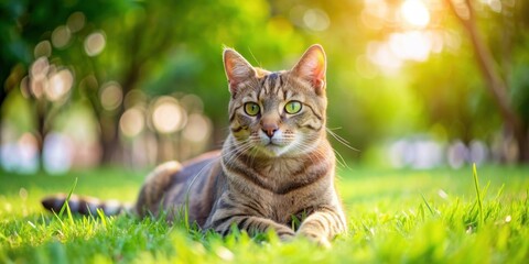 Sticker - A beautiful cat relaxing on lush green grass in a peaceful park setting, cat, lying, grass, park, relaxation, peaceful, outdoors