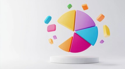 Leinwandbilder - 3D pie chart with vibrant segments floating in mid-air, set against a white minimalist background