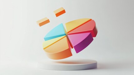 Fototapete - 3D pie chart with vibrant segments floating in mid-air, set against a white minimalist background