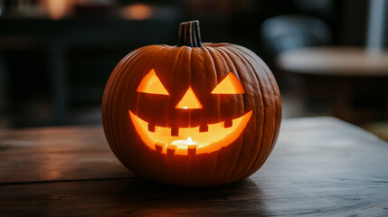 Halloween pumpkin on a dark background, evoking a sense of mystery and chaos. The pumpkin’s eerie glow contrasts with the surrounding darkness, enhancing the Halloween ambiance