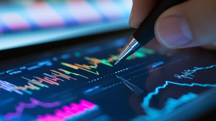 Poster - A close-up of a hand drawing a financial graph with a pen on a tablet, with a background of financial reports and charts