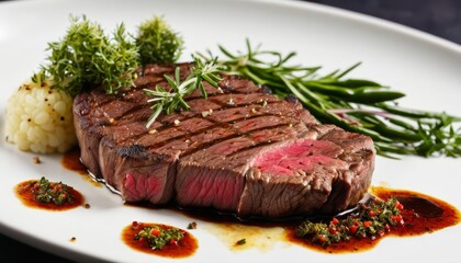  Deliciously cooked steak with a side of fresh greens and sauce