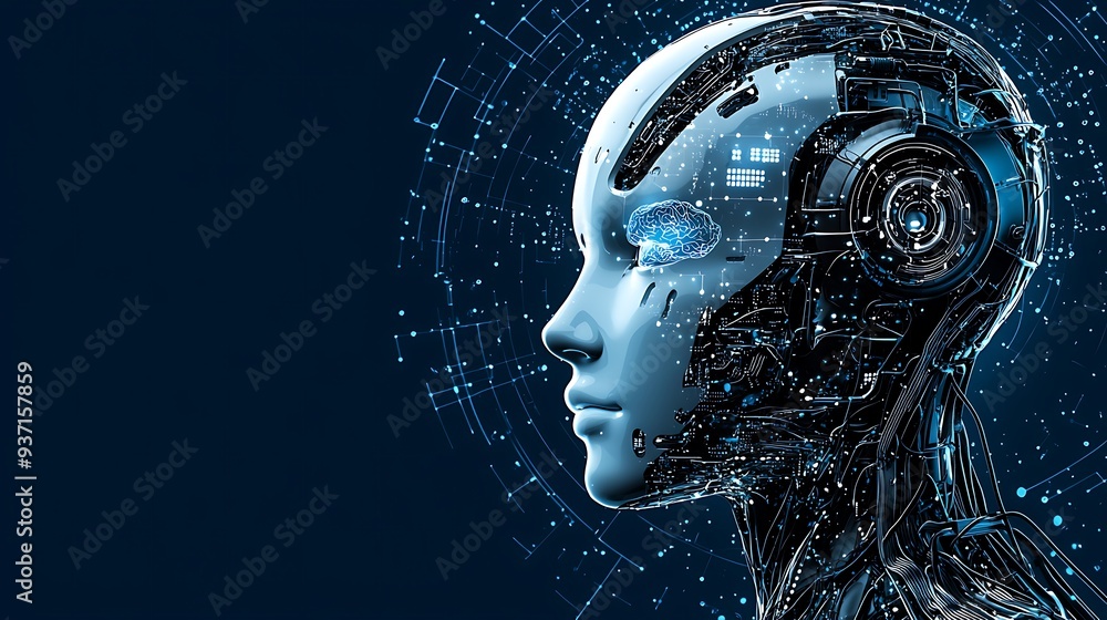 Futuristic AI robot head with a digital brain and circuitry ...