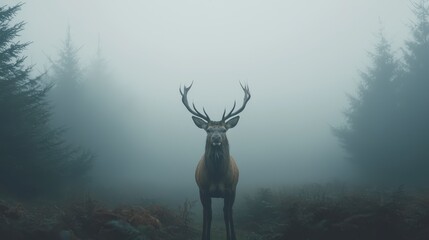 Sticker - Majestic Red Deer Stag in Foggy Forest