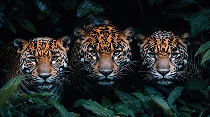 Wall Mural - Three Jaguars Peering Through Lush Foliage in the Amazon Rainforest