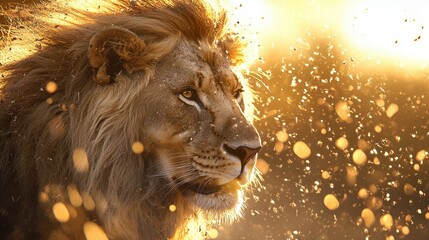 Sticker - Majestic Lion Portrait in Golden Sunlight with Water Droplets