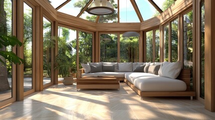 Wall Mural - Modern sunroom with wooden floor, glass roof, and comfortable couch.