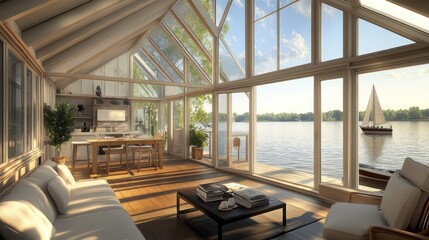 Wall Mural - Modern cabin with a stunning view of the lake and a sailboat in the distance.