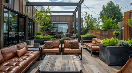 Outdoor terrace with leather furniture and plant holders