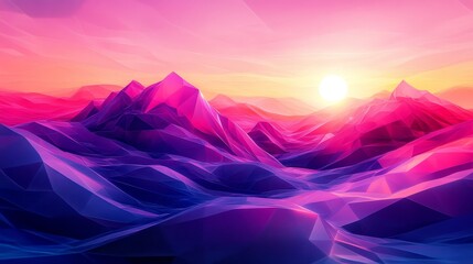 Wall Mural - Abstract Sunset Over Geometric Mountains - A vibrant sunset casts a warm glow over a stylized landscape of geometric mountains, symbolizing nature, abstraction, digital art, beauty, and inspiration.