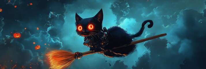 Canvas Print - Black Cat Flying on a Broom in a Halloween Night - A black cat with glowing red eyes flies on a broom stick, surrounded by clouds and jack-o'-lanterns in a dark, spooky night. This symbolizes the magi