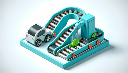 3D Icon as Electric vehicle and conveyor belt concept as An electric vehicle paired with a conveyor belt symbolizing eco friendly transportation and modern manufacturing ideal for isolated vector desi