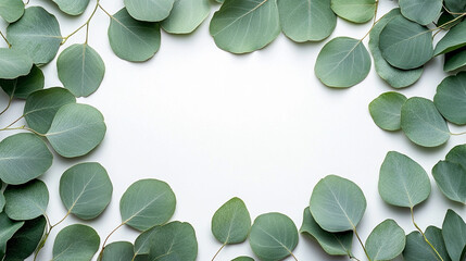 Overhead flat lay view of delicate white eucalyptus leaves arranged artistically against a neutral background, symbolizing purity, calmness, and natural beauty in minimalist style