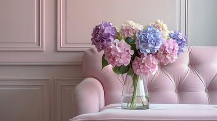 Wall Mural - Pastel hydrangea bouquet in a glass vase at home flowers in a vase a lovely hydrangea arrangement in a vase sits on a table next to a pink sofa