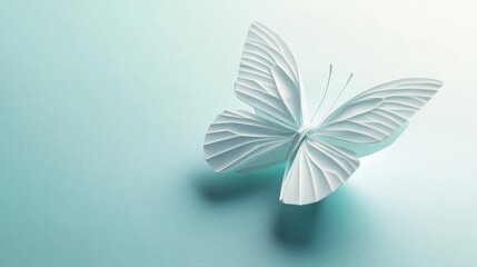 Canvas Print - Delicate White Butterfly on a Blue Background - A paper butterfly with delicate wings against a soft blue backdrop, symbolizing transformation, freedom, hope, beauty, and fragility.