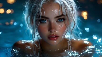 Wall Mural - A woman with blue eyes in a pool of water