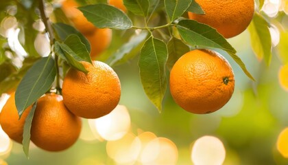  Bright and fresh oranges hanging from a tree