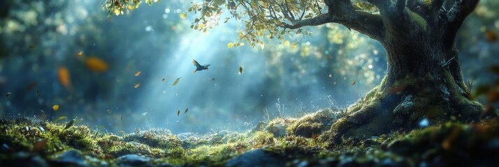 Wall Mural - Enchanting Forest Scene with Sunbeams and Flying Birds - A mystical forest scene with a large tree, sunbeams filtering through the leaves, and birds flying in the air. The image evokes a sense of peac