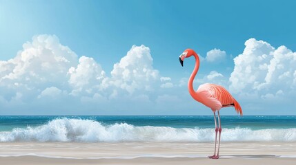 Poster - Flamingo on a Tropical Beach with Blue Sky and White Clouds - A pink flamingo stands on a sandy beach, its long legs reaching towards the ocean. The blue sky is dotted with fluffy white clouds, and th