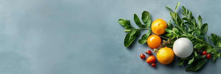 Poster - Fresh Citrus Fruits and Green Leaves on Blue Background - A vibrant arrangement of citrus fruits, green leaves, and red berries on a blue background, symbolizing freshness, nature, health, vitality, a