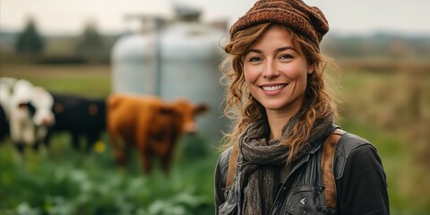 Sticker - A woman standing in front of a herd of cows in a field