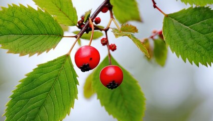 Wall Mural -  Natures bounty  Red berries on a branch with vibrant green leaves