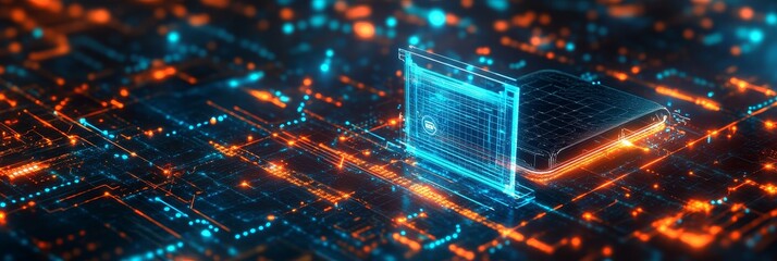 Poster - Futuristic Technology: Data Center Server on Circuit Board - A blue glowing server sits on a complex circuit board, representing the core of modern technology and the power of data.  This image symbol