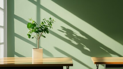 Wall Mural - Green Plant in a Pot on a Wooden Table with Sunlight Streaming Through a Window - A small green plant in a white pot sits on a wooden table, bathed in the warm light streaming through a window. The su