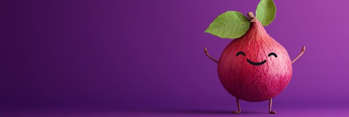 Canvas Print - Happy Fig Fruit Character on Purple Background - A cheerful fig fruit with a big smile and two leaves on top stands on a purple background, symbolizing happiness, positivity, growth, and fresh food.