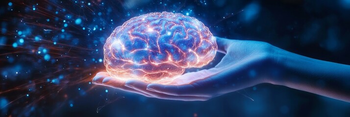 Poster - Human Hand Holding Glowing Brain - Concept of Intelligence and Innovation - A glowing brain held in a human hand symbolizes intelligence, innovation, knowledge, power, and growth.