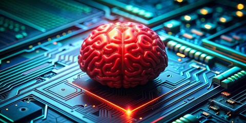 Brainpower on Circuitry A 3D Render of a Human Brain Interacting with a Motherboard, AI , Neural Networks , Brain Computer Interface , Artificial Intelligence