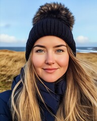 Poster - A woman with long blonde hair wearing a black hat with a fur pom pom